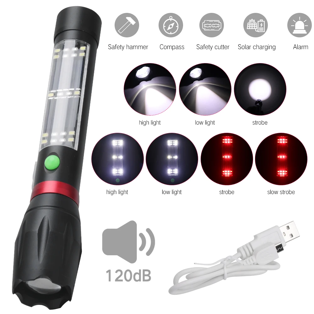 

BORUiT Solar LED Flashlight Zoomable Torch Light Red Warning Light Beep Alarm Outdoor Camping Lamp USB Rechargeable Lanterna