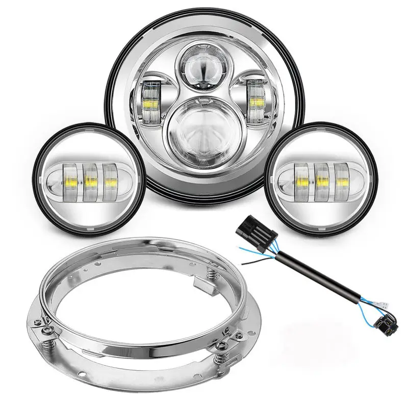 

7" Round Motorcycle LED Headlights+2PCS 4.5Inch LED Auxiliary Fog Light and 7inch Trim Ring for Harley Davidson Road King