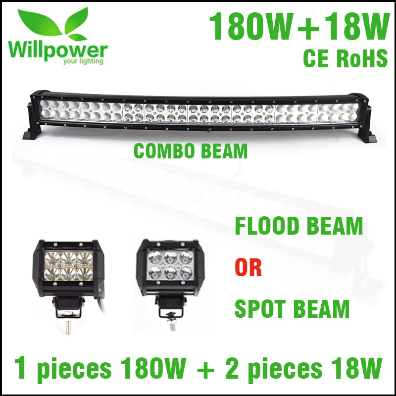 

PROMOTION SALES High Power 32 inch Offroad Curved LED Light Bar 180W With 4inch 18w LED Work Light Flood Beam Spot Beam For 4x4