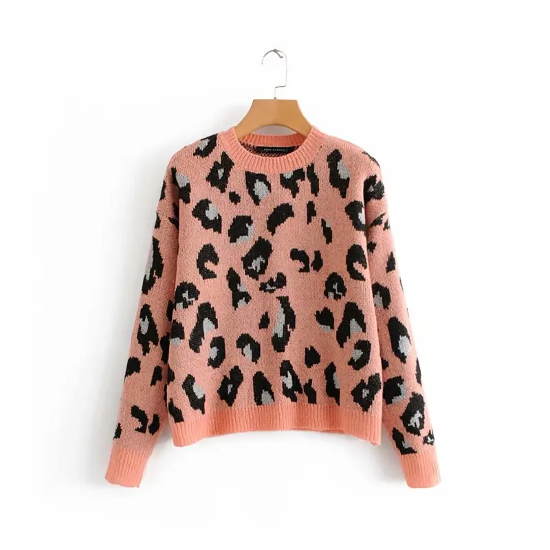 

New 2018 winter Pink Faux Fur knitted Leopard sweater pullover Women Vintage loose jumper Long sleeve coffee Tops