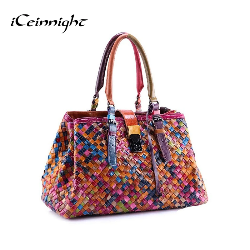 

2017 New Fashion Multicolour Genuine Leather Bags Weave Handbags Women's Shoulder Bag Messenger Bag colorful handbag female