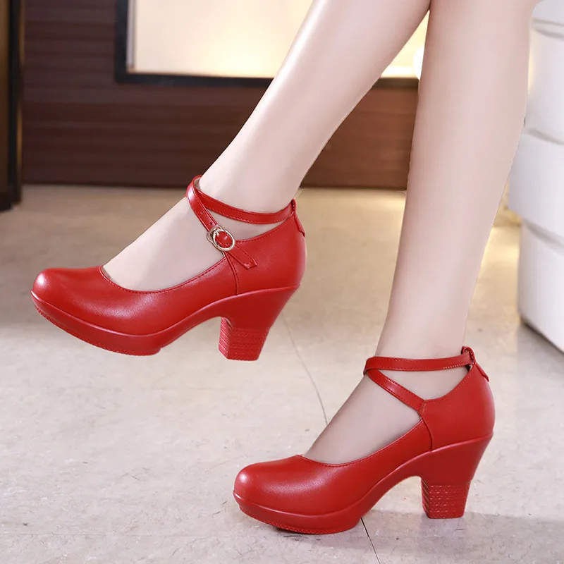 New 2019 Fashion Women Pumps With High Heels For Ladies Work Shoes Dancing Platform Pumps Women Genuine Leather Shoes Mary Janes