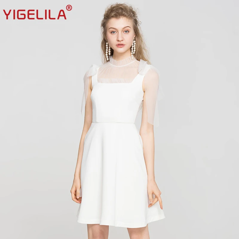 

YIGELILA Latest Summer Women White Tank Dress Fashion Solid O-neck Sleeveless Empire Slim Knee Length Bow Mesh Dress 63084