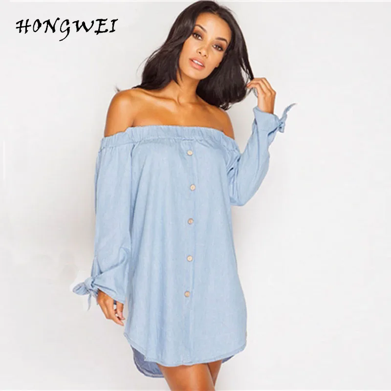 HONG WEI Women Loose Fashion Denim Dress Tube Top Sexy Long Sleeves