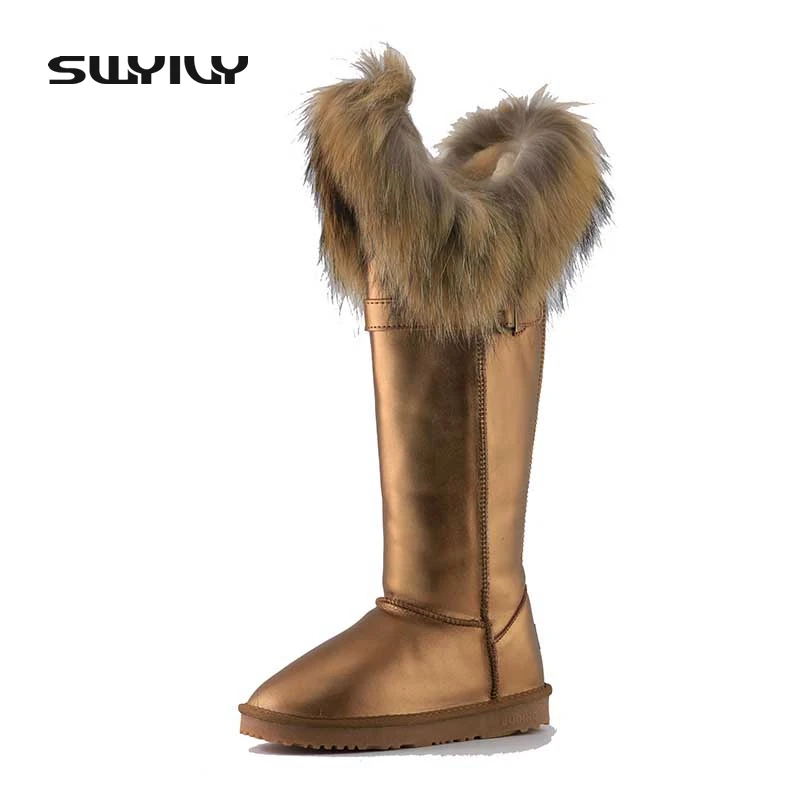 Real Fox Fur Snow Boots Women Waterproof 2017 Flat Winter Shoes Knee