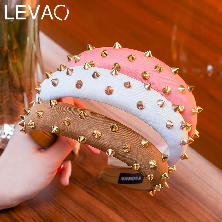 

Levao Vintage Sponge Rivet Headbands Women Hair Accessories Solid Knitted Fabric Hairbands Side Wrapped Female Head Band