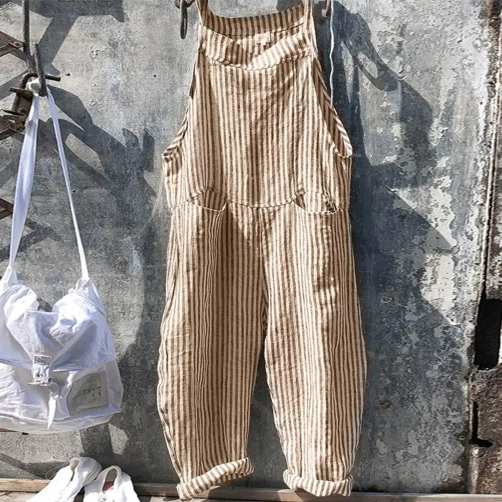 Женский комбинезон в стиле Харадзюку, модная женская карманная повязка, комбинезон без рукавов, полосатый комбинезон, колье, Femme