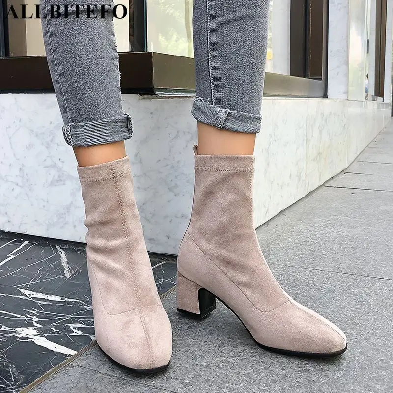 

ALLBITEFO large size:34-42 genuine leather+Elastic cloth thick heel ankle boots for women square toe high heels martin boots