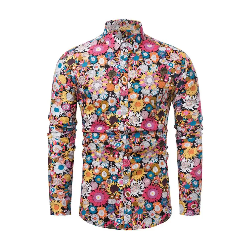 

Fashion Hawaii Colorful Flower Print Men Turn Down Collar Long Sleeve Shirt Slim Fit Top