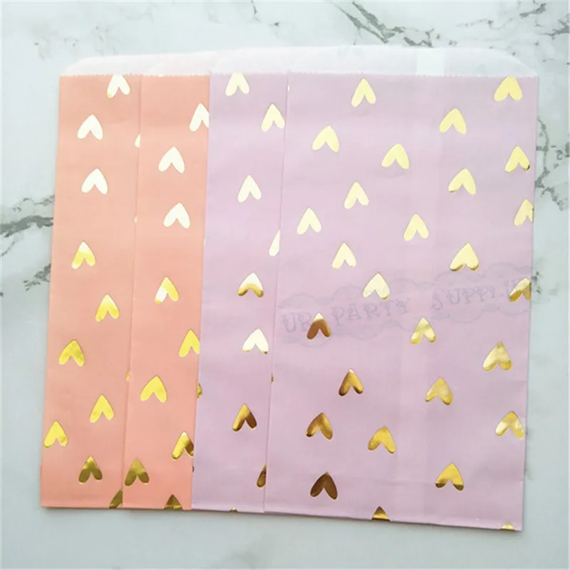 

2000pcs Medium Flat Metallic Gold Heart Paper Bag Blush Pink Violet Color for Wedding Birthday Baby Shower Gift Snack Candy