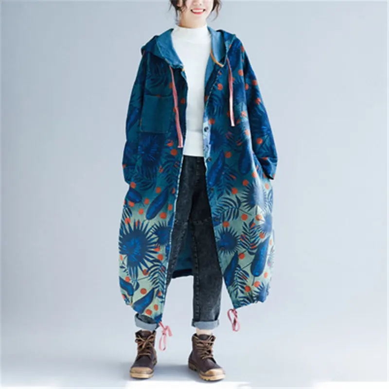 

2019 Retro trench coat women spring autumn coats casual long sleeve hooded print outerwear plus size Windbreaker Oversized v621