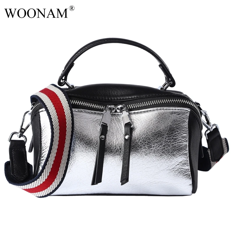 

WOONAM New Fashion Silver Genuine Calf Leather Small Boston Top Handbag Satchel Shoulder Bag WB565