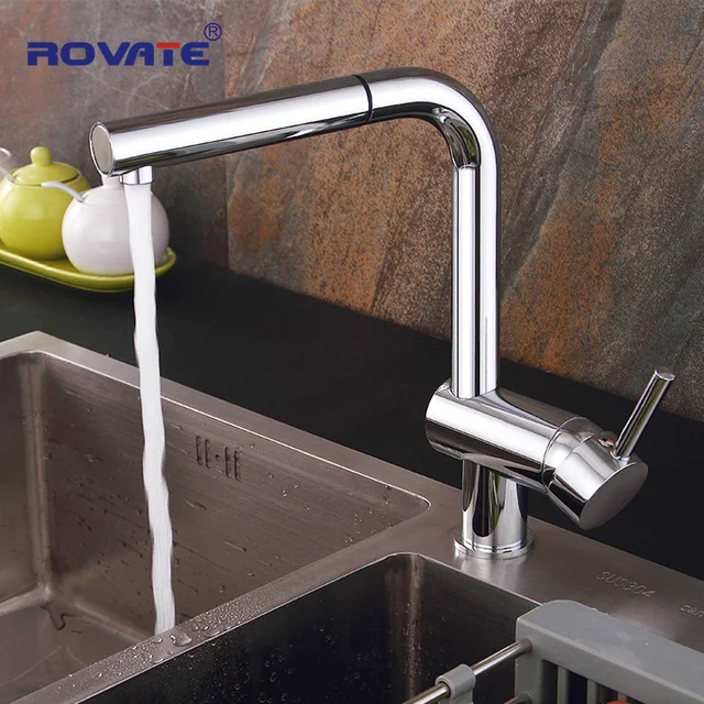 Cheap ROVATE Sink Taps Kitchen Faucet Pull out Spout Brass Chrome Single Hole Mounted Cold and Hot Mixer Rotatable Faucet