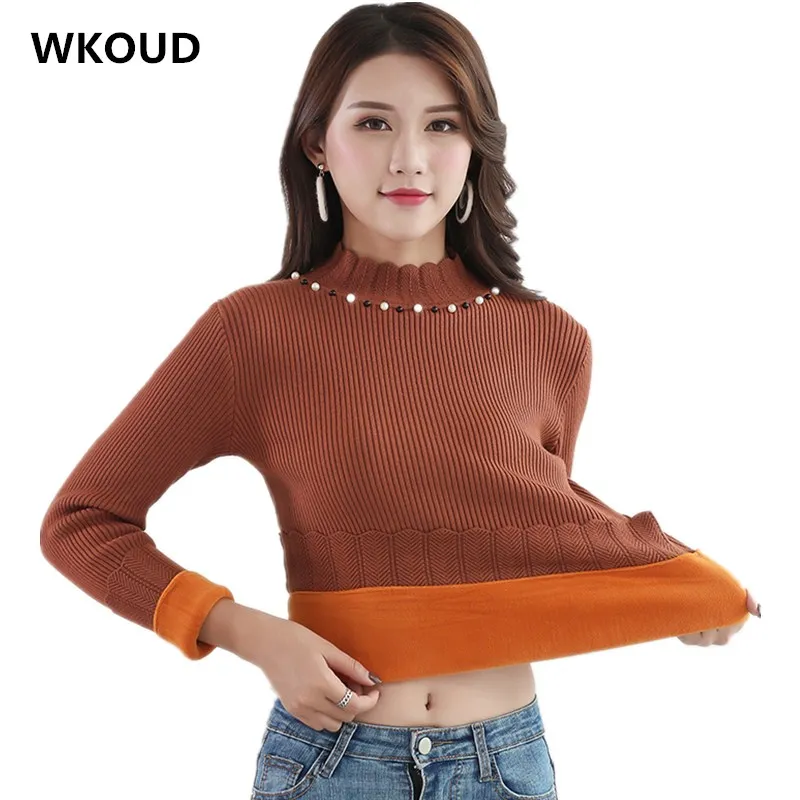WKOUD Winter Sweater Women Pearl Beading Turtleneck Thicken Jumper Mom Warm Fleeces Pullovers Long Sleeve Render Clothes M9034 | Женская