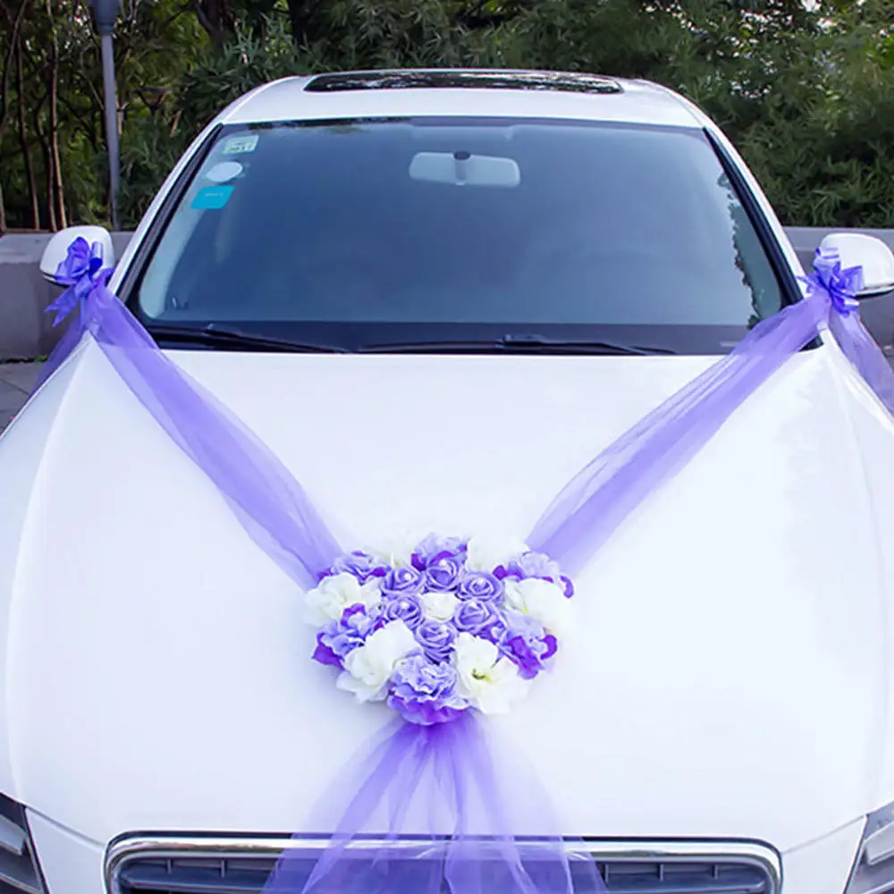 Набор свадебных автомобильных украшений, искусственные цветы из шелка, Цветочная лента, бант, декоративный венок, сделай сам, свадебные принадлежности - Color: pueple
