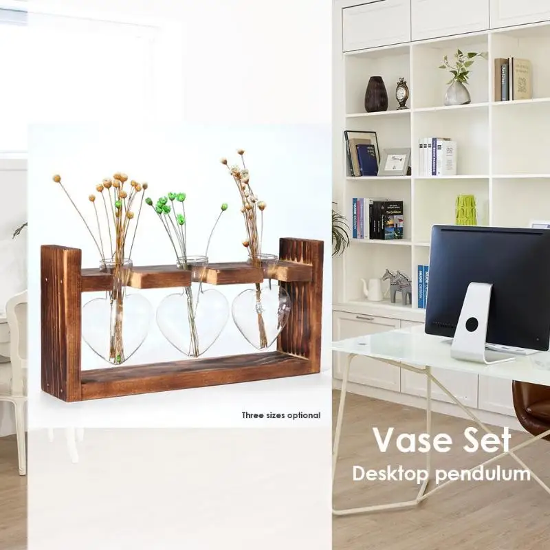 Wooden Frame Glass Hydroponic Plant Vase Flower Pot Office Home Decorations|Вазы| |
