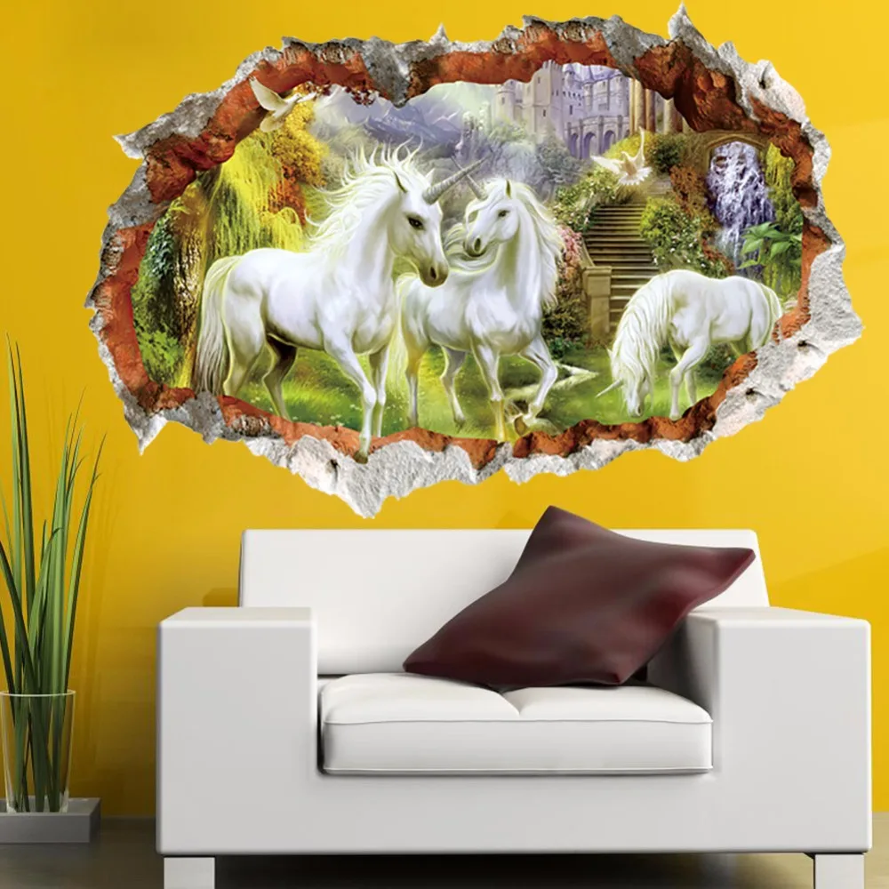  3D  wallpaper  stereo effect broken wall  Unicorn landscape 