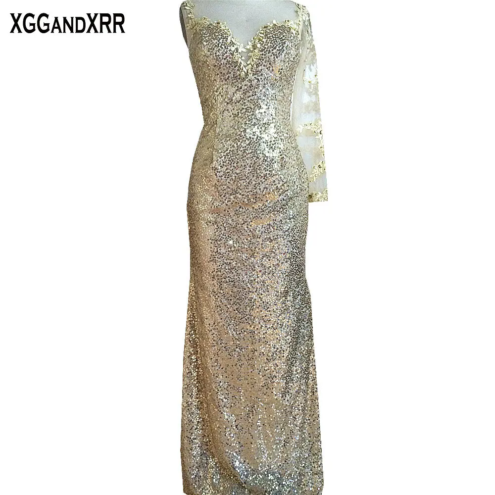 Image Vestido De Festa Yellow Sequin Straight Prom Dresses 2017 One Shoulder Illusion Back Appliques Floor Length Prom Gowns