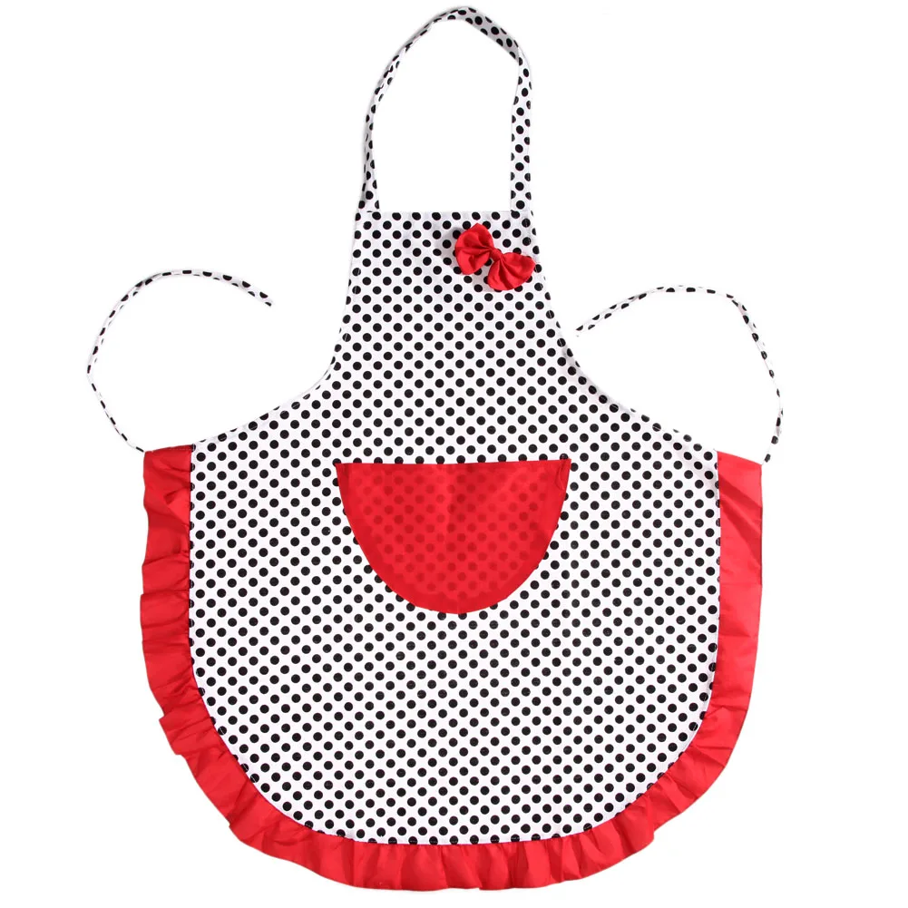 

New Cute Bib Apron Dress Vintage Kitchen Women Bowknot with Pocket Gift Woman Cotton Black Polka Dot Cooking Apron