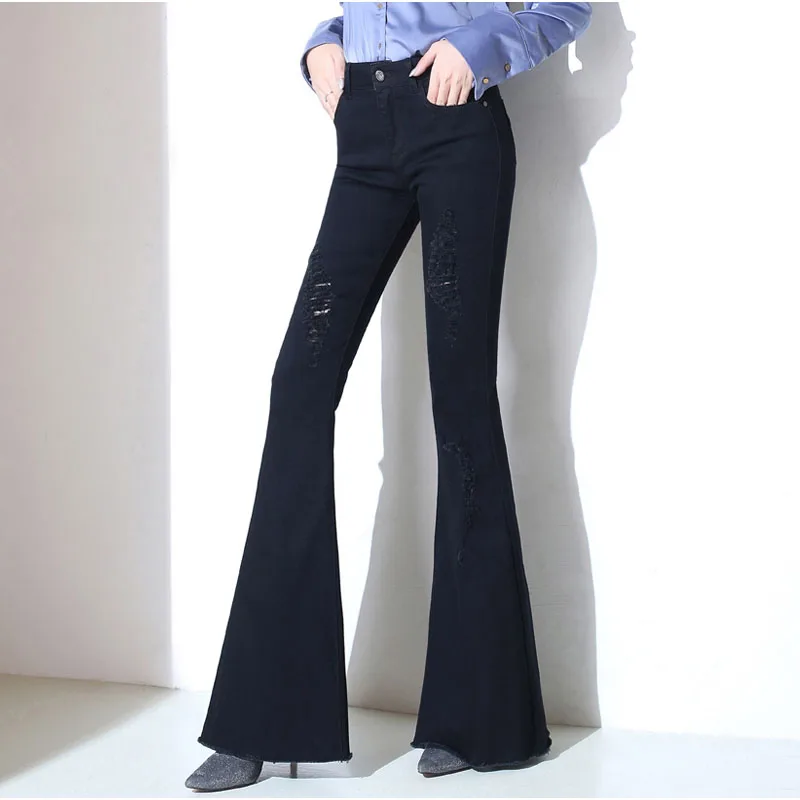 Удлиненные черные рваные расклешенные джинсы для Высоких девочек Тонкий Эластичные штаны с отверстиями Потрепанные края Tall по