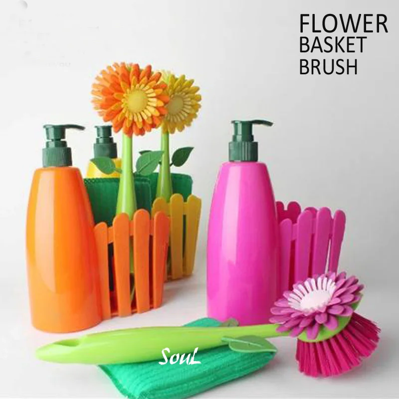 Brand Flower Brush Dish Cleaning Brushes Sponge Soap Dishes dispenser