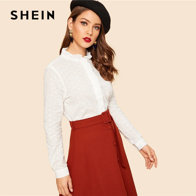 SHEIN Нарядная Белая Блуза С Рюшами, Ажурная Однотонная Блуза С Длинным Рукавом