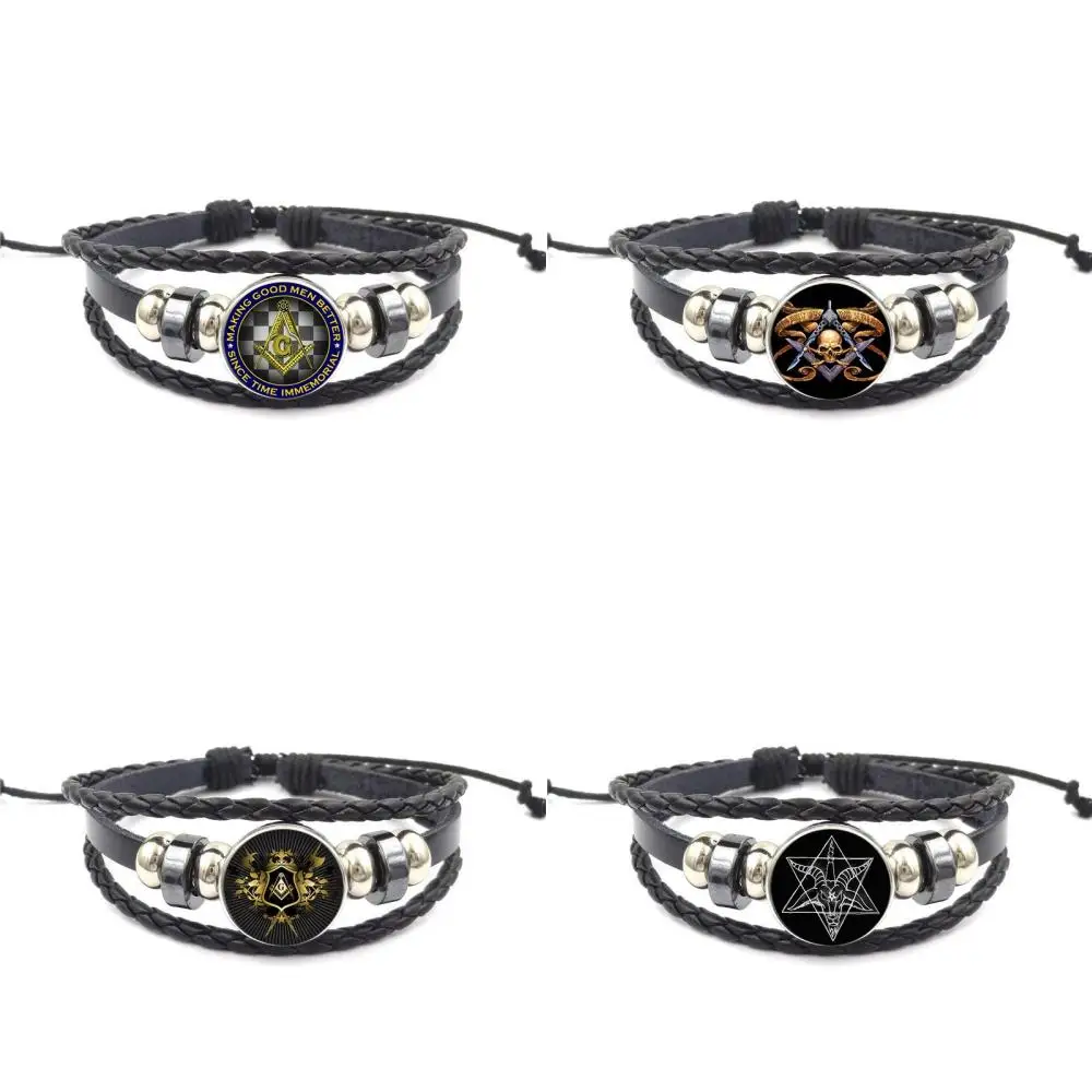 

For Women Jewellery Fashion Glass Cabochon Black Leather Bracelet Bangle Masonic Free Mason Freemason Illuminati