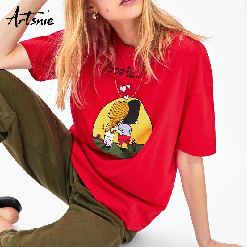 

Artsnie summer 2019 cartoon red women t shirt o neck short sleeve knitted streetwear tees top casual girls funny t-shirt mujer