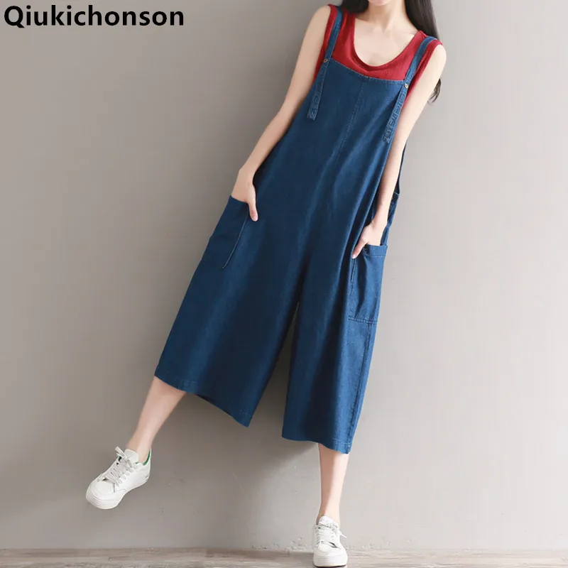 

Qiukichonson Denim Overalls Women 2018 Spring Summer Casual Loose Suspender Wide Leg Pants With Pockets Jeans Jumpsuit plus size