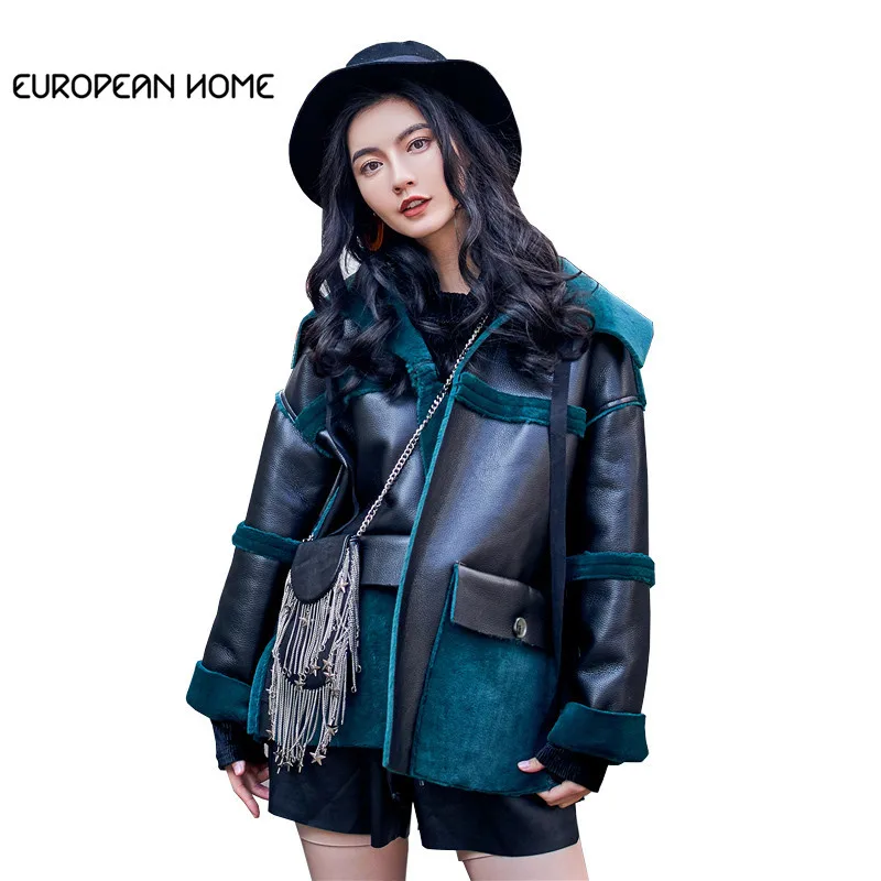 

Korean Winter Coat Women Plus Size Locomotive Wind Solid Color Loose Short Section Front Back Wear Leather Jacket Women LQ259