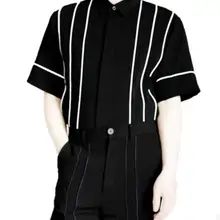 S-5XL Новинка года Для мужчин одежда модные черно-белые полосы лоскутное свободные футболки с коротким рукавом Большие размеры мужской сценические костюмы