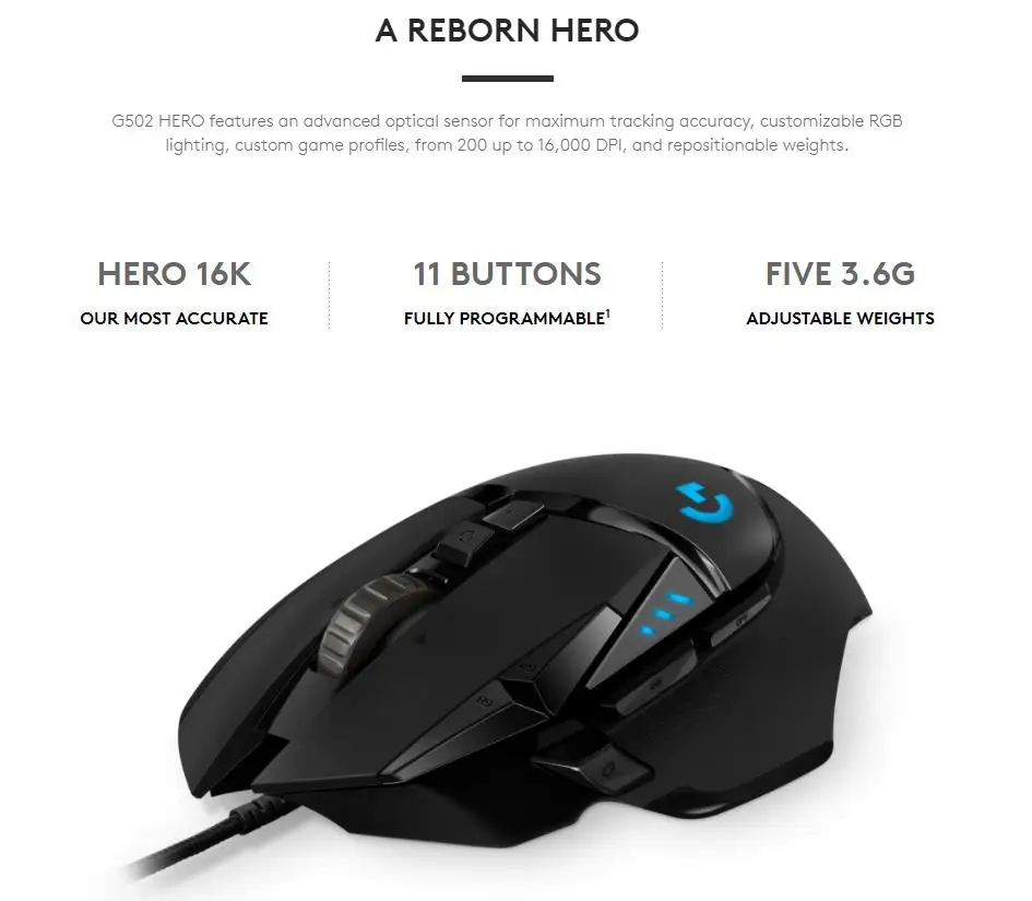 Logitech(G) G502 Hero master game mouse полная линия обновления Hero engine 16000 точек/дюйм RGB glare G502 RGB обновление