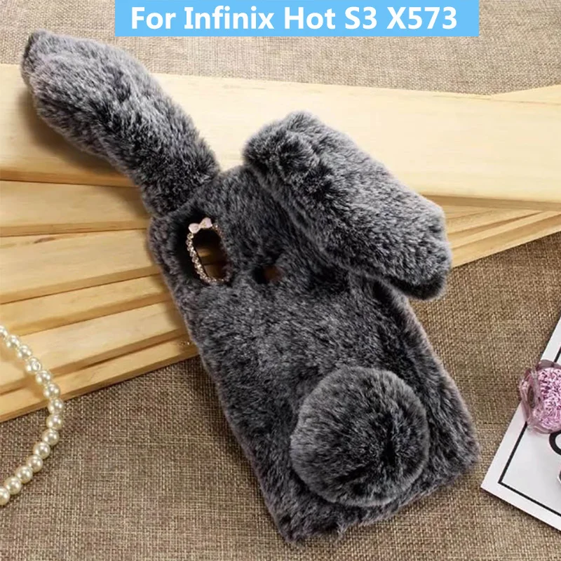 

Plush Bunny Case for Infinix Hot S3 X573 Soft Fur Cute 3D Rabbit Ears TPU Bling Diamond Fluffy Phone Case Cover