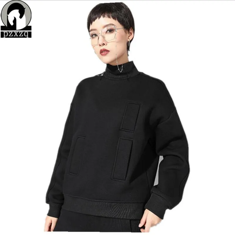 

Black Stand Sweatshirt Harajuku Streetwear Big pocket design Loose Hoodie 2019 Spring Women Clothing Ladies Long Sleeve Pullover