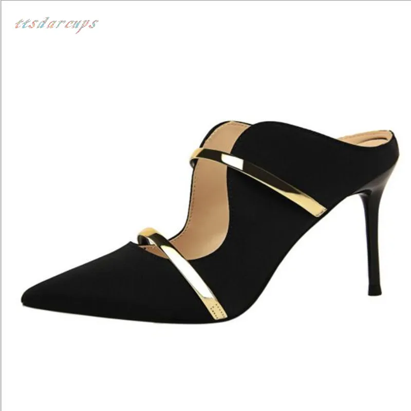 

ttsdarcupsEuropean and American sexy high heel slippers Fine heel Silks and satin Shallowly pointed hollowed metal belt slippers