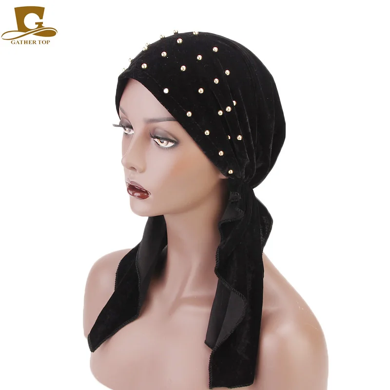 

New Women beaded velvet Headscarf Chemo Hat Turban Head Scarves Pre-Tied Headwear Bandana Tichel for Cancer Ladies Turbante