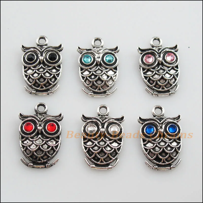 

New 6Pcs Tibetan Silver Mixed Crystal Animal Owl Charms Pendants 15x24mm