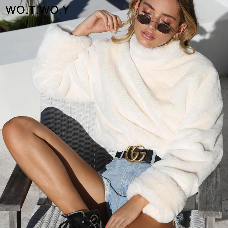 WOTWOY Thick Lambswool Winter Jacket Women Faux Fur Wool Coats Women Outerwear Warm Back Zippers Crop Teddy Jackets Women 2018