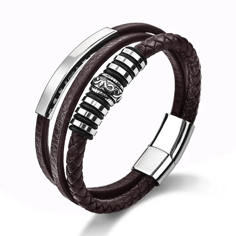 OBSEDE браслеты из натуральной кожи в стиле панк, черный и коричневый цвета, цепочка из нержавеющей стали, магнитная застежка, бусины, подвески, дизайн, крутые подарки - Окраска металла: 3