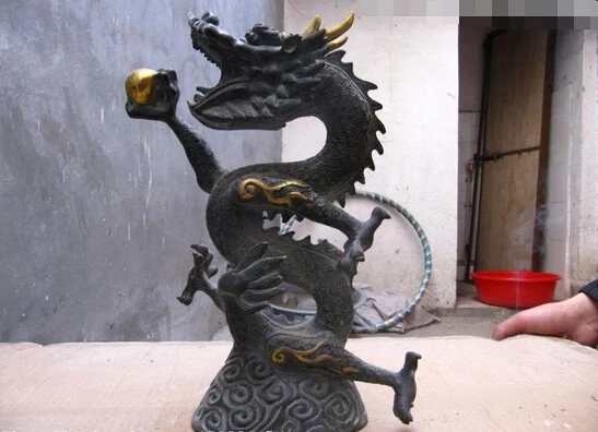 

wholesale factory 12" Chinese old Bronze Copper Fengshui Carved Evil Fly Dragon play Bead Statue