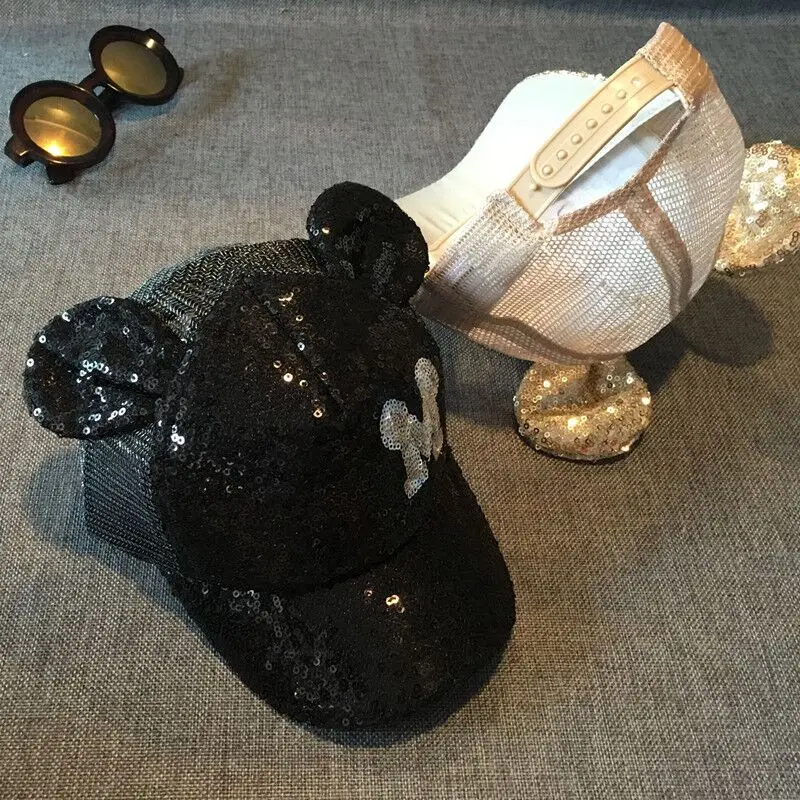 new lovely Baby Girls Sequins M letter Horn Lace Baseball Caps Children Snapback Mesh caps Adjustable Sun Hats Decoration