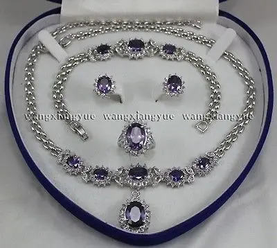 

Beautiful!Amethyst Inlay Link Bracelet earrings Ring Necklace Set >>18K GP Plated gold Bridal wide watch wings queen JEWE