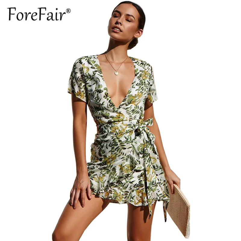 

Forefair 2019 New Boho Floral Print Wrap Dress Summer Beach Dress Casual Vintage Short Sleeve V Neck Sexy Women Dress