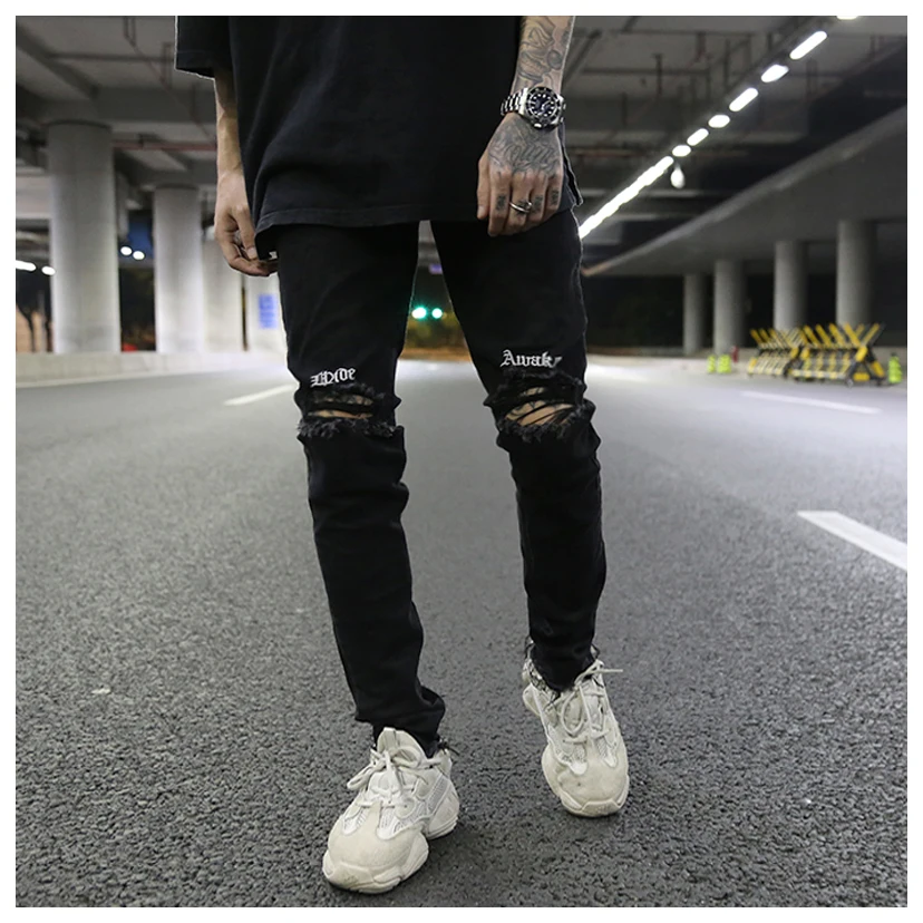 Вышивка колено рваные джинсы для Для мужчин хип-хоп Тощий Байкер уничтожены тесьмой джинсы Slim Fit черный джинсовые штаны новинка 2018 года jogger