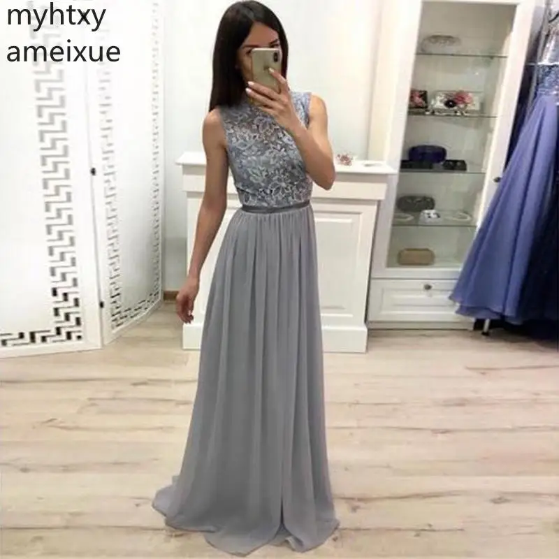 

Plus Size Long Sheath Prom Dresses O-neck Sleeveless Lace Top Chiffon Skirt Women Formal Party Gray Color Special Occasion Gowns