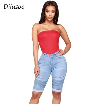 

Dilusoo Women Shorts Denim Jeans High Elastic Half Pants Blue Mid Waist Cuffs Pleated Trousers Casual Pocket Female Pencil Pants