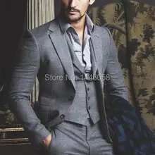 Элегантный портной бизнес костюмы для мужчин серый шерсть торжественное платье мужской свадебный костюм смокинг жениха 3 шт. костюм Homme