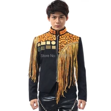 Стиль, модный мужской dj певец, тонкий костюм для ночного клуба с золотыми бриллиантами и блестками, Мужская одежда для сцены, куртка, Мужская Верхняя одежда с кисточками