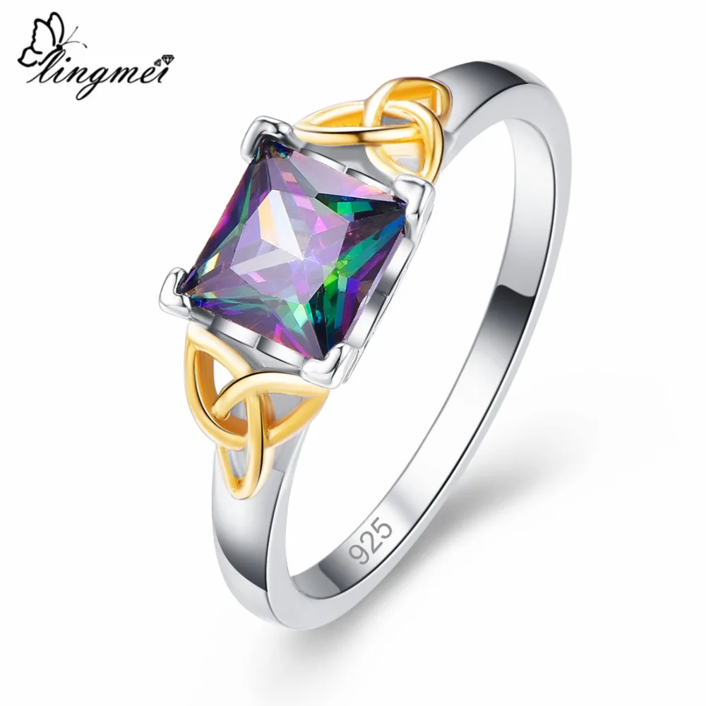 

Lingmei Fashion Simple Style Princess Cut Multicolor & Blue Cubic Zircon Silver Ring Size 6 7 8 9 Solitaire Women Ring Jewelry