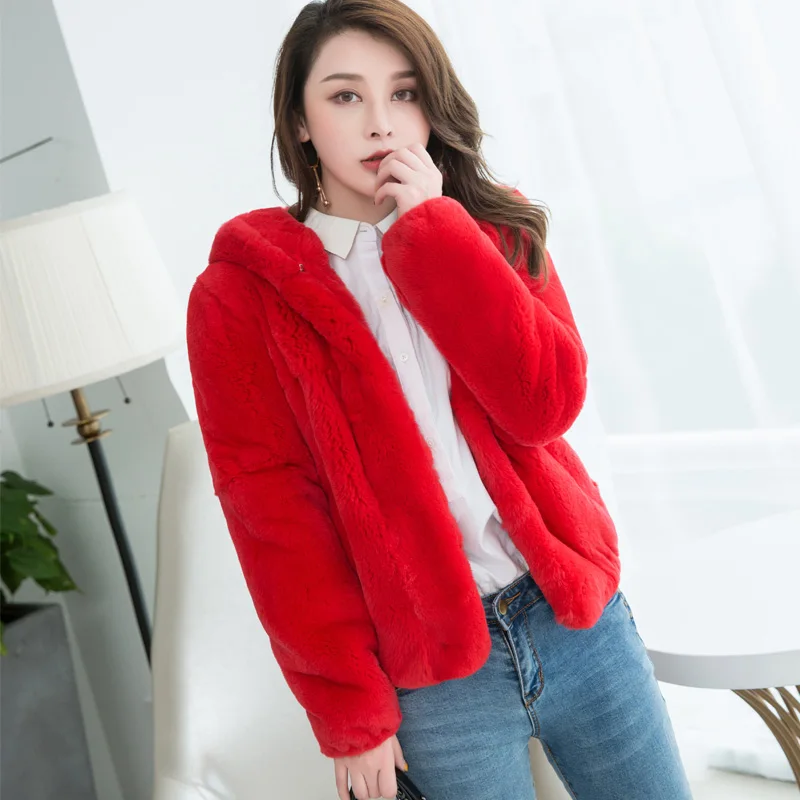 2018 Autumn winter natural rex rabbit fur coats outerwear women long sleeved real fur jackets woman short warm coat with hood